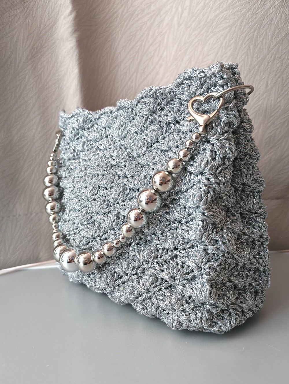 Handcrafted Silver Crochet Shoulder Bag with Beaded Chain